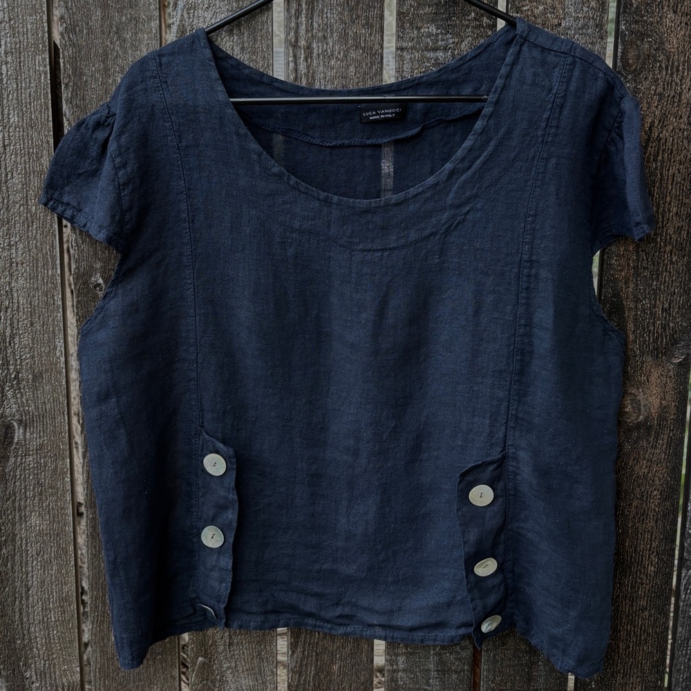 Luca Vanucci Made In Italy 100% Linen Short Sleeve Top in Navy Sz XL